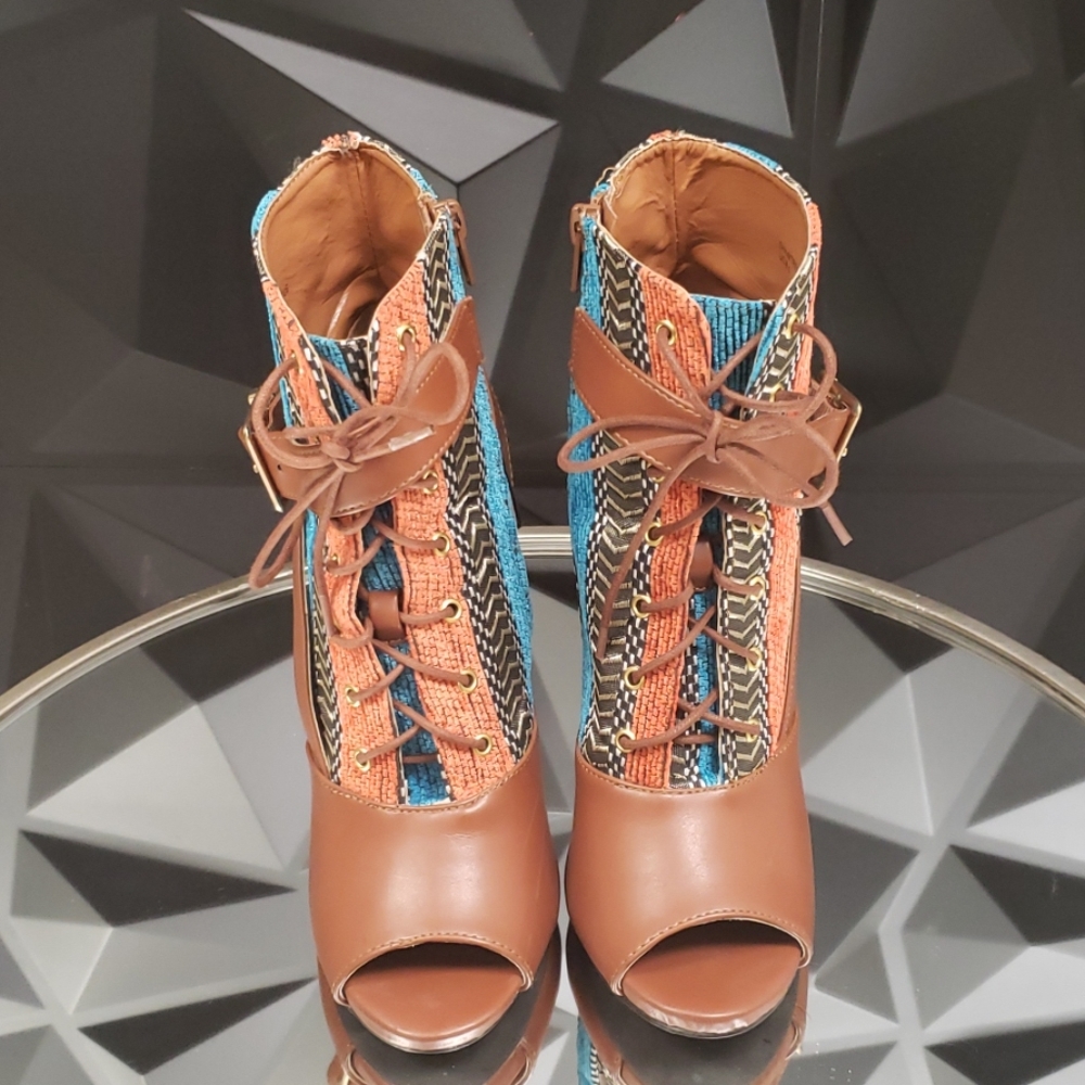 Peep Toe Lace Up Heel(Orange/Teal/Brown)